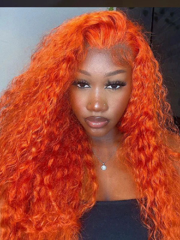 high-quality wigs for cancer patients -CurlyMe Bright Orange Water Wave Hair 13x4 Lace Front Wigs Pre Plucked