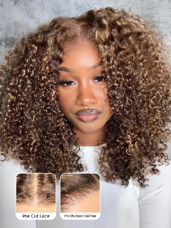 long straight wigs for glamorous looks -CurlyMe Highlights Ombre Kinky Curly Glueless Bob Wig Wear Go 6x4 Pre Cut HD Lace Wig