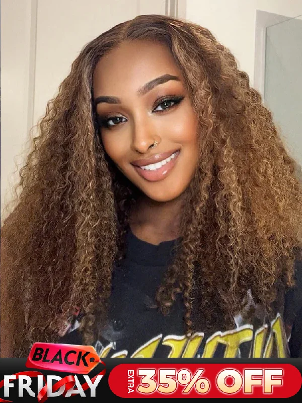 light blonde wigs for natural looks -CurlyMe Wear Go Glueless Highlights Ombre Hair 7x5 Pre-cut Swiss Lace Kinky Curly Wig