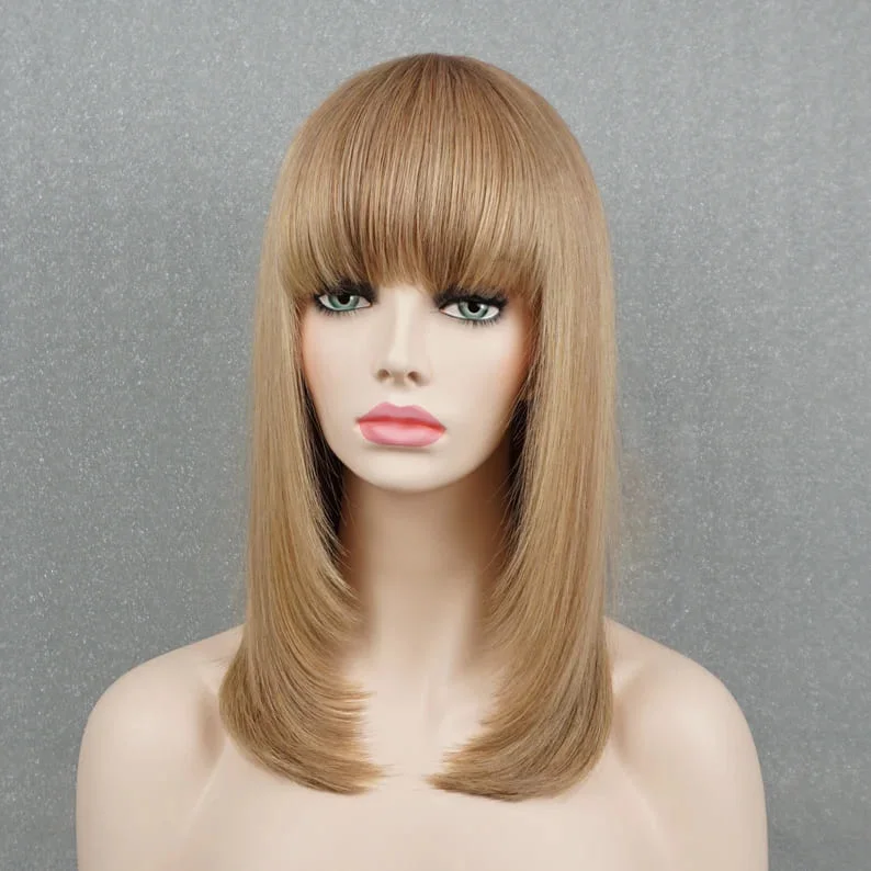 16inch Light Blonde Straight With Bangs Layered Shoulder-length Glueless Breathable Cap Human Hair Wig