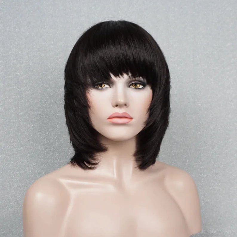 12inch Black Straight Layered Glueless with Bangs breathable cap human hair wig